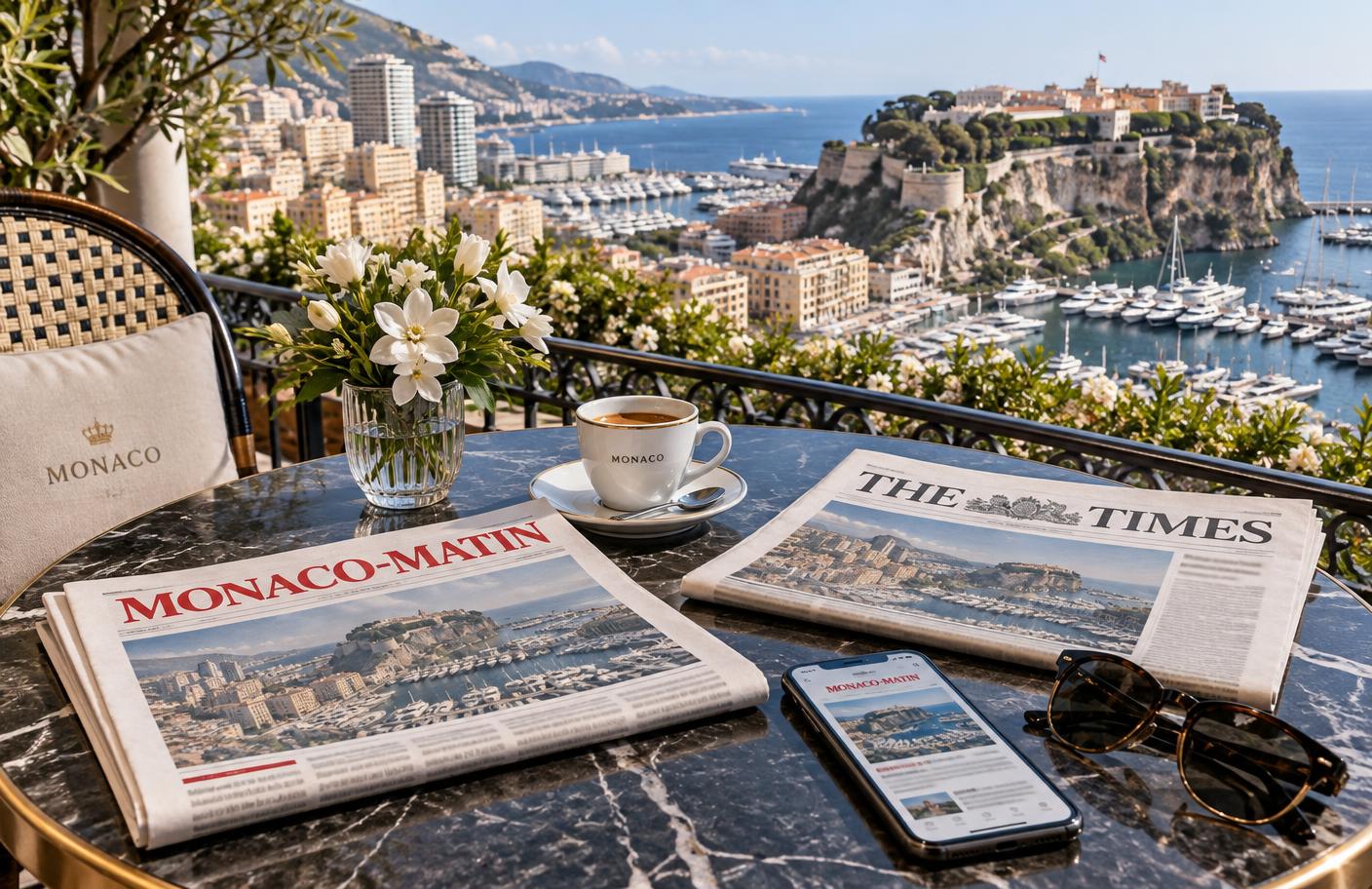 Monaco-Matin et The Times sur une terrasse avec café et vue sur Monaco