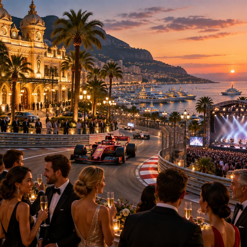 Voiture de Formule 1 dans les rues de Monaco devant le Casino de Monte-Carlo, scène de concert au bord de la mer et invités en tenue de gala au crépuscule