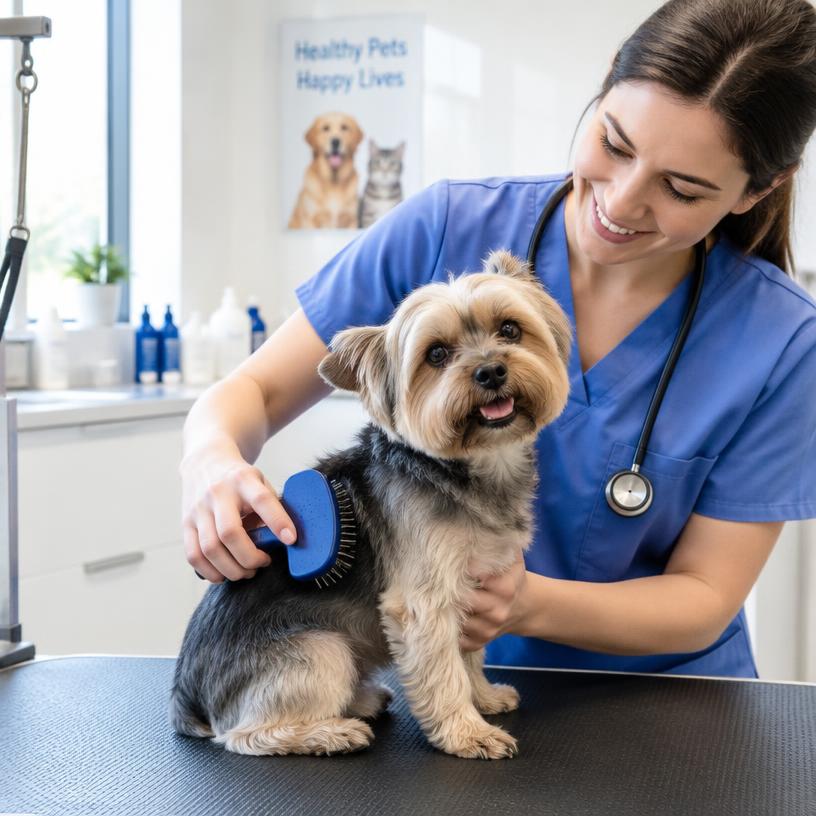 Toilettage d'un chien en clinique vétérinaire