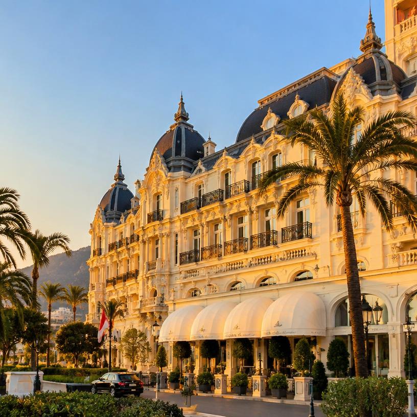 Façade d'un palace au coucher du soleil