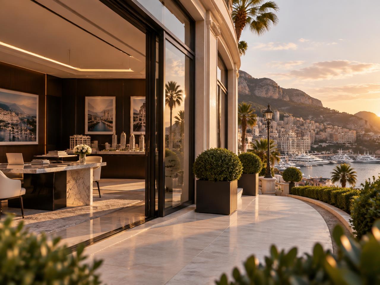 Agence immobilière élégante ouverte sur une vue de Monaco