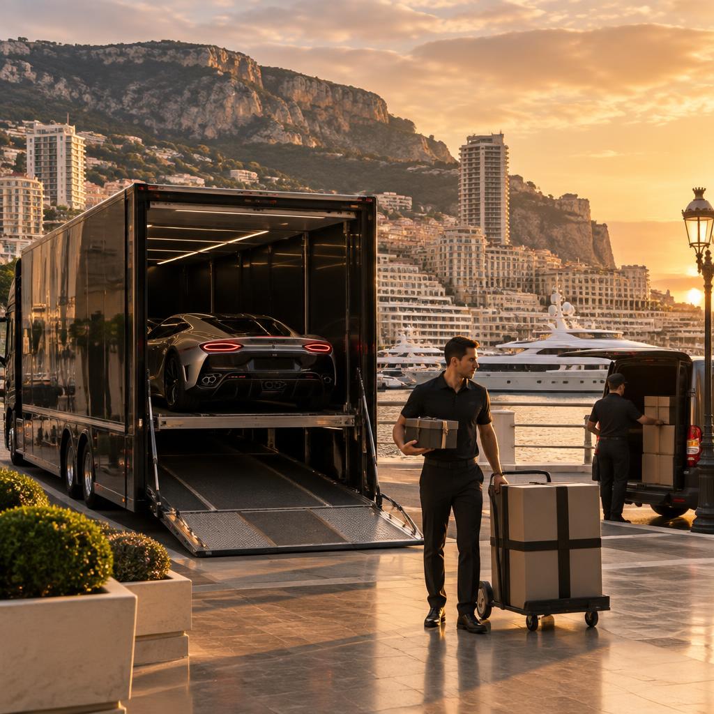 Camion porte-voiture, livreur et colis sur le port de Monaco