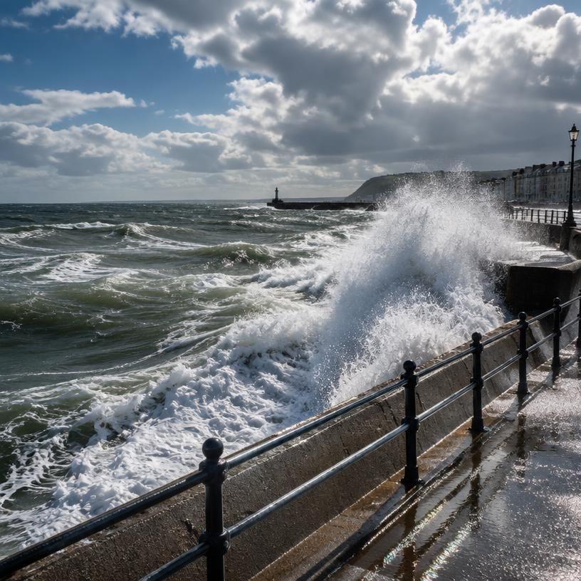 Vagues se brisant sur une promenade côtière
