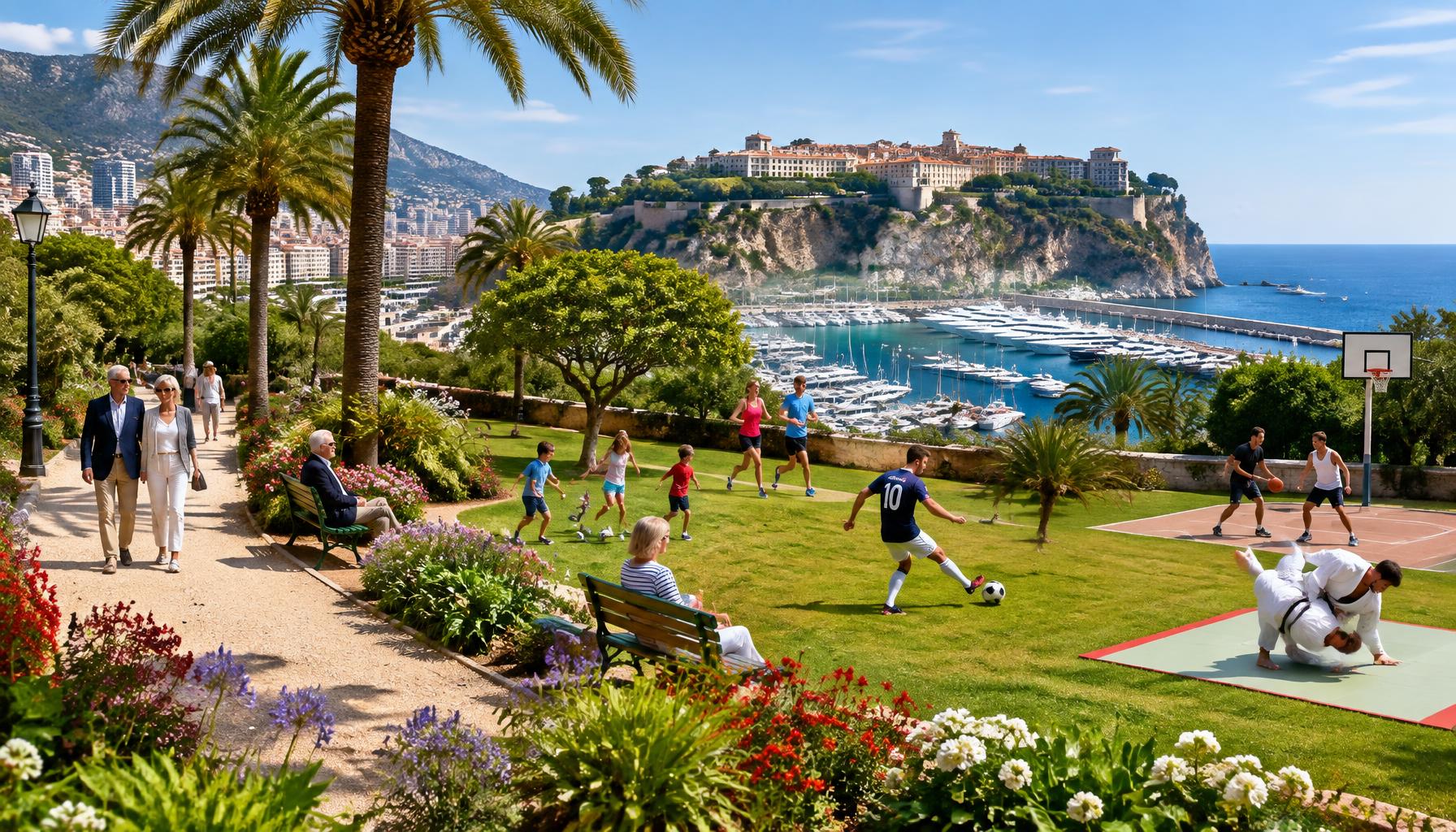 Jardins de Monaco surplombant le Rocher et le port Hercule : seniors en promenade, enfants, coureurs, football, basket et judo