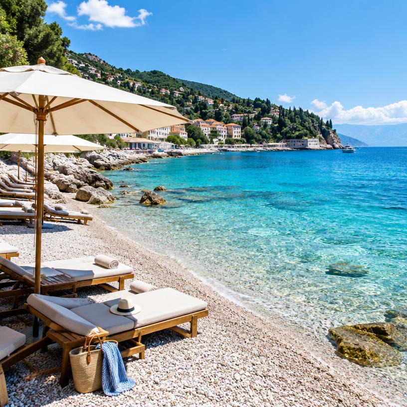 Plage aux eaux turquoise avec transats