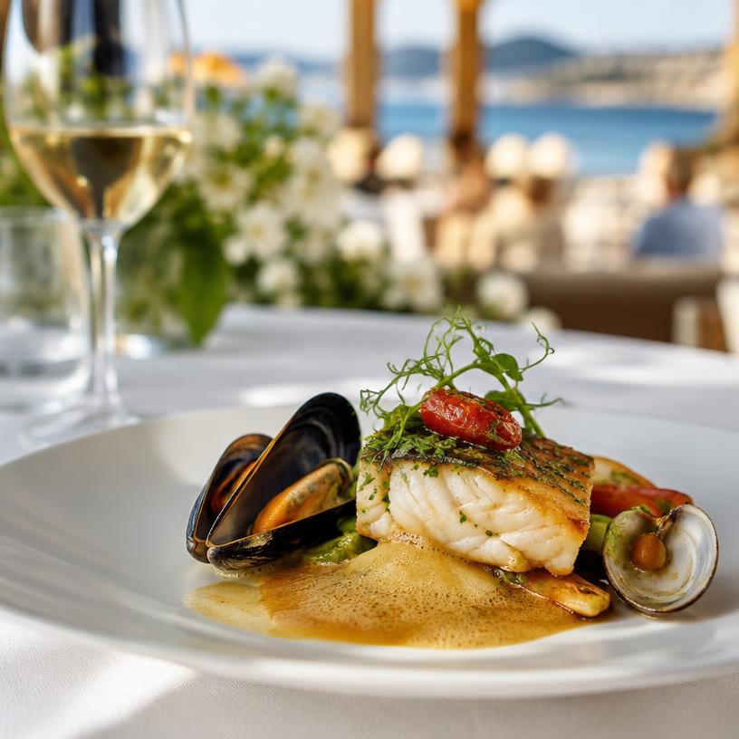 Assiette gastronomique face à la mer