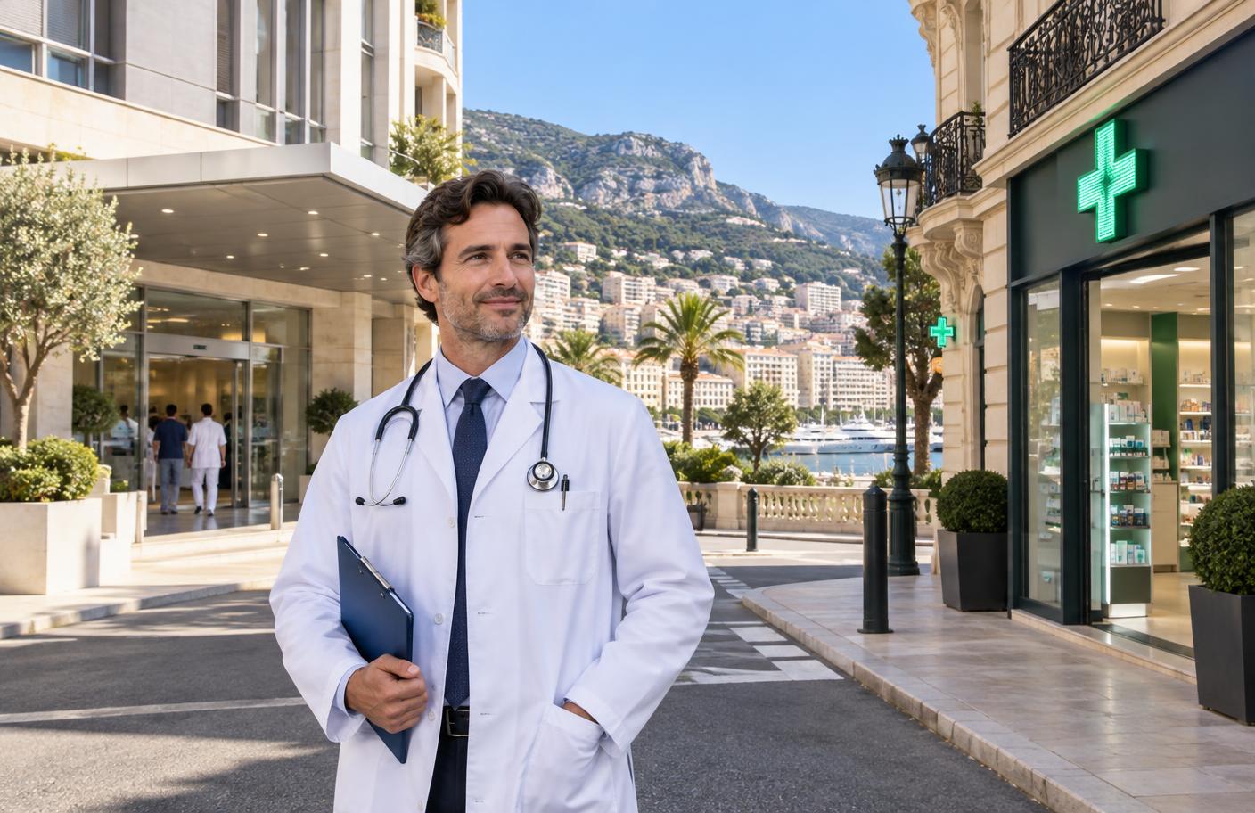 Médecin entre un hôpital et une pharmacie à Monaco
