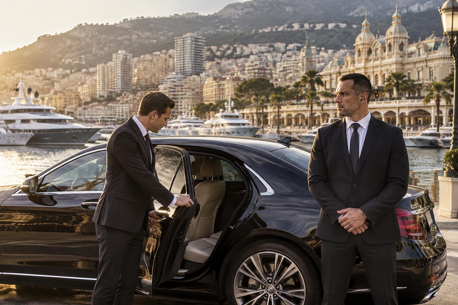 Chauffeur privé et agent de protection devant le port de Monaco