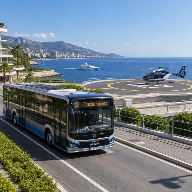Bus littoral et hélicoptère sur héliport